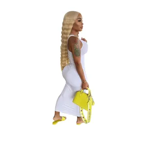 Sexy white ribbed U-neck sleeveless bodycon maxi dress for summer fashion style.