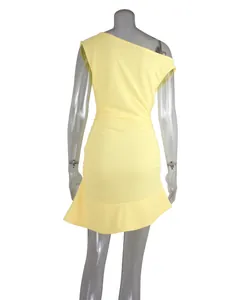 Back view of yellow one-shoulder bodycon dress with irregular ruffled hem detail