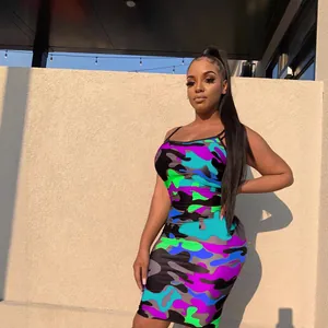 Sexy women's bodycon camisole dress with vibrant neon camouflage print pattern