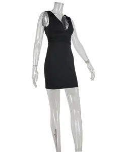 Black sleeveless deep V-neck bodycon dress with flattering waist ruching details and slim fit