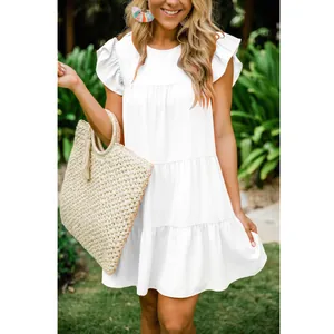 Summer white tiered mini dress with ruffle sleeves and pleated design for women