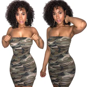 Women Sexy Camouflage Print Bodycon Dress Strapless Tube Top Mini Nightclub Party Polyester Slim Fit Short Dress