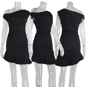 Three-angle view of a black one-shoulder mini dress with pleated waist and ruffled hem