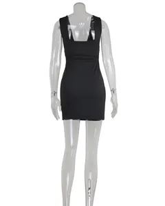 Back view of a black sleeveless bodycon mini dress with pleated waist