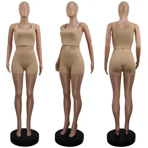 Three-view display of women's two-piece casual sports set with tank top and shorts
