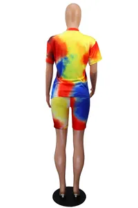 Back view of women's vibrant tie-dye two-piece short sleeve sports casual outfit set