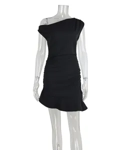Front view of a black one-shoulder mini dress featuring elegant side ruching and ruffles