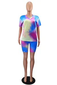 Vibrant two-piece women's tie-dye sportswear set featuring a V-neck t-shirt and matching shorts