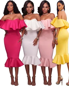 Detail showing off-the-shoulder ruffle dresses in multiple colors and mermaid hem styles