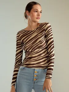 T-shirt sexy a maniche lunghe in mesh da donna con stampa zebrata e vestibilità aderente