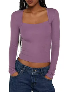 Women's chic purple square neck ribbed long sleeve top with sexy slim fit design