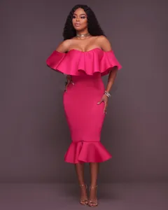 Elegant hot pink off-shoulder mermaid dress featuring a layered ruffled neckline detail