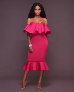 Elegant hot pink off-shoulder mermaid dress with ruffled neckline and fishtail hem