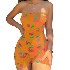 Sexy bright orange cherry print tube top bodycon romper for women, trendy summer fashion style