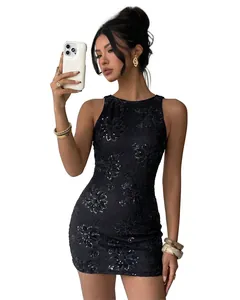 Detail view of elegant black lace embroidered sequin mini dress with sexy bodycon fit for party