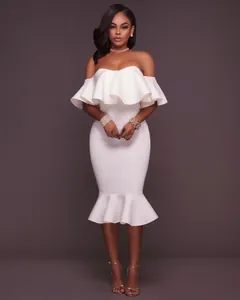 Elegant white off-the-shoulder ruffle mermaid midi dress for women, stylish party wear