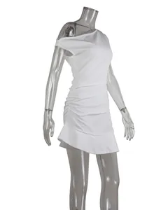 Detailed side view of elegant white one-shoulder ruched mini dress with asymmetric ruffled hem