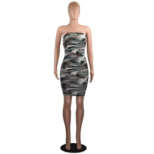 Close-up view of a sexy strapless camouflage print bodycon mini dress for clubwear