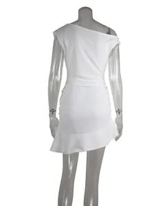 Elegant white one-shoulder bodycon dress with pleated waist and irregular ruffle hem.