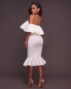 Elegant off-shoulder white midi dress featuring tiered ruffles and a flattering bodycon fit
