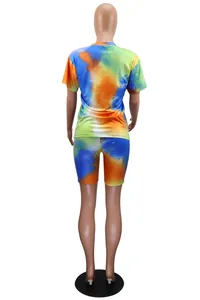 Back view of colorful tie-dye two-piece set with T-shirt and shorts