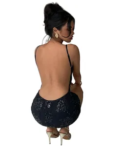 Detailed back view of sexy black lace embroidered sequin dress with deep open back