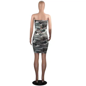 Full back view of a camouflage print strapless tube bodycon mini dress on mannequin