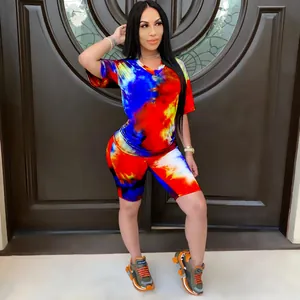 Detailed view of women's colorful tie-dye two-piece set with V-neck top and shorts