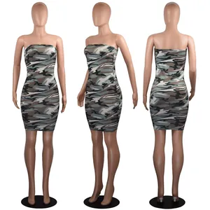 Multi-angle detail view of a camouflage strapless bodycon tube dress for nightclub.
