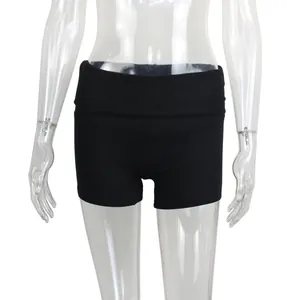 Black ribbed yoga shorts with high-waist fold-over band for fitness and gym wear