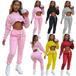 Detail view showing a two-piece solid color crop top hoodie and sweatpants set in various colors