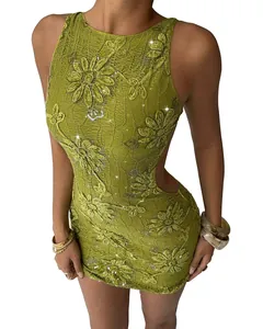 Close-up of green lace embroidered mini dress with backless cut-out and sequins