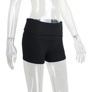 Black ribbed yoga shorts with fold-over high waist design for women's gym fitness