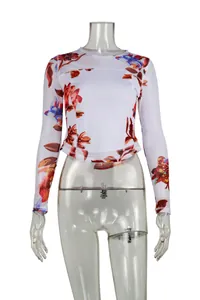 T-shirt court à manches longues en tulle imprimé floral pour femme