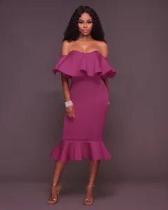 Elegant off-the-shoulder magenta midi dress featuring layered ruffle neckline and hem