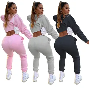 Detailed look at the back view of women's fleece cropped hoodie and sweatpants set in 3 colors