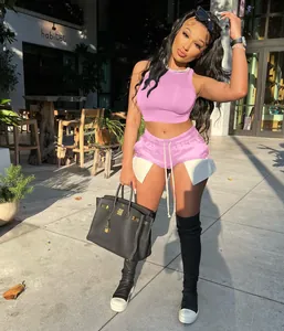 Summer pink sleeveless crop top and shorts two-piece set with white pocket detail