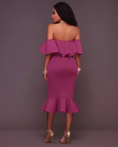 Back view of an elegant plum off-the-shoulder midi dress featuring stylish ruffle details