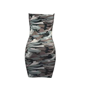 Detail shot of a sexy camouflage print tube bodycon mini dress for nightclub wear