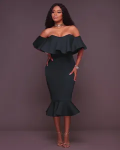 Elegant off-the-shoulder midi bodycon dress with ruffles and fishtail hem in dark green