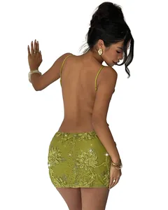 Detailed back view of a sexy olive green lace party dress with floral embroidery and sequins