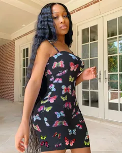 Bodycon camisole mini dress with multi-colored butterfly print on black background