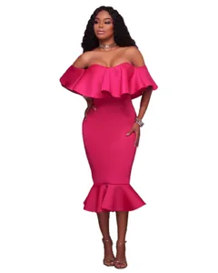 Hot pink off-shoulder midi dress with ruffle neckline and stylish mermaid hem