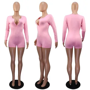 Multi-angle view of pink V-neck buttoned long-sleeve romper loungewear
