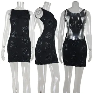 Detailed front, side and back views of a black sequined lace backless party dress