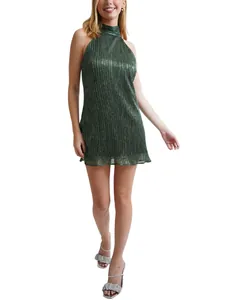 Elegantes sexy metallisches plissiertes Neckholder-Minikleid für Damen in schimmerndem Grün
