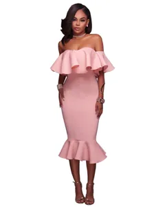Elegant pink off-the-shoulder bodycon midi dress with ruffled chest and fishtail hem.