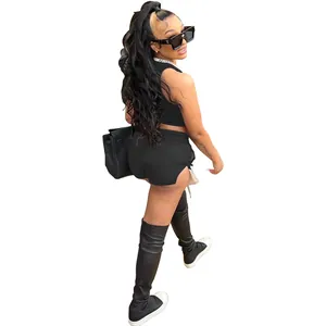 Women's two-piece black summer set with sleeveless crop top and side slit shorts
