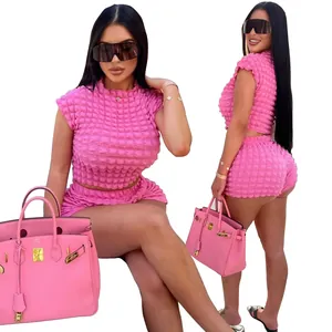 Conjunto de dos piezas de top corto y pantalones cortos rosa para mujer, ropa de ocio