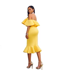 Detailed visual of a yellow off-shoulder midi dress featuring elegant layered ruffle trim
